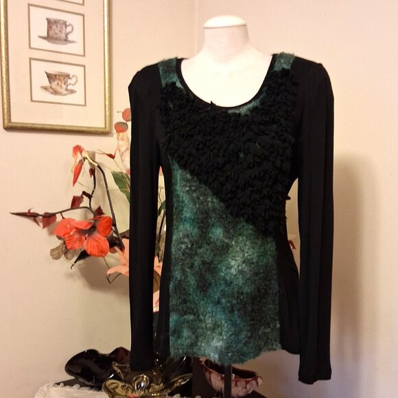 NWT Simon Chang Women's Black Gray Patchwork Floral Design Blouse 12 L - Picture 4 of 9